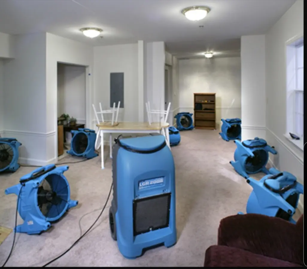 Air movers and dehumidifier setup for Water Extraction & Removal in Plymouth
